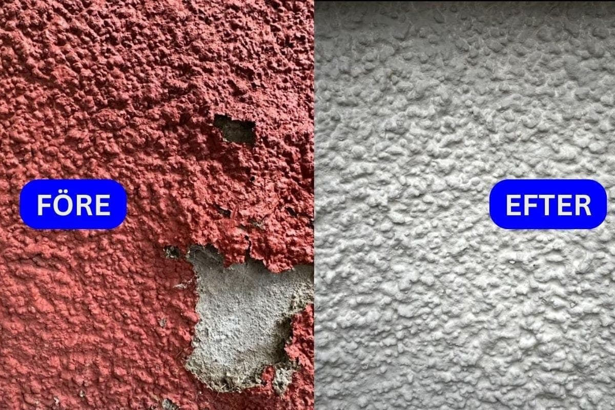 Putsfasad före och efter fasadmålning