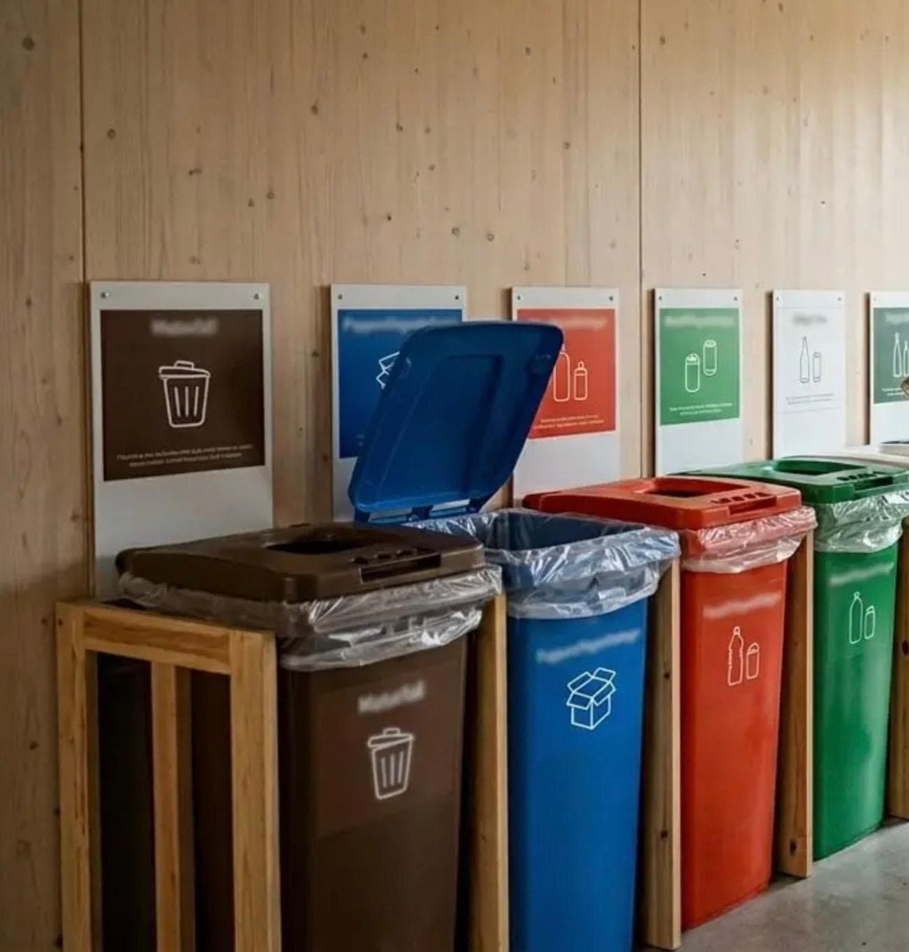 Sorteringskärl för restavfall, papper, plast och metall i ett rent miljörum